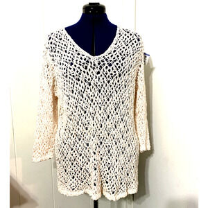 J. Jill Sweater Womens Large Petite Pink Long Sleeve Open Knit Pullover Beach